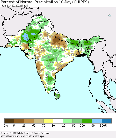 Southern Asia Percent of Normal Precipitation 10-Day (CHIRPS) Thematic Map For 6/11/2022 - 6/20/2022