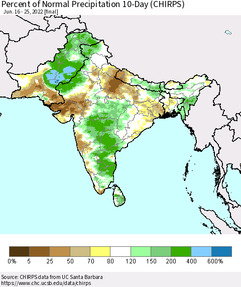 Southern Asia Percent of Normal Precipitation 10-Day (CHIRPS) Thematic Map For 6/16/2022 - 6/25/2022