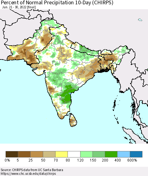 Southern Asia Percent of Normal Precipitation 10-Day (CHIRPS) Thematic Map For 6/21/2022 - 6/30/2022