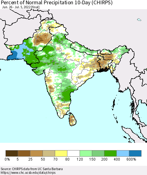 Southern Asia Percent of Normal Precipitation 10-Day (CHIRPS) Thematic Map For 6/26/2022 - 7/5/2022
