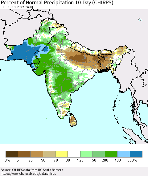 Southern Asia Percent of Normal Precipitation 10-Day (CHIRPS) Thematic Map For 7/1/2022 - 7/10/2022