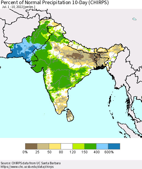 Southern Asia Percent of Normal Precipitation 10-Day (CHIRPS) Thematic Map For 7/1/2022 - 7/10/2022