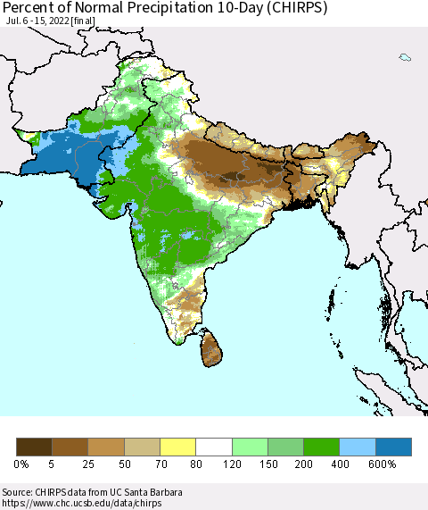 Southern Asia Percent of Normal Precipitation 10-Day (CHIRPS) Thematic Map For 7/6/2022 - 7/15/2022