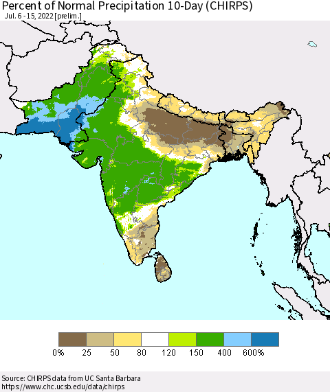 Southern Asia Percent of Normal Precipitation 10-Day (CHIRPS) Thematic Map For 7/6/2022 - 7/15/2022