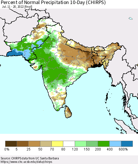 Southern Asia Percent of Normal Precipitation 10-Day (CHIRPS) Thematic Map For 7/11/2022 - 7/20/2022