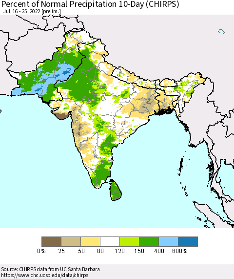 Southern Asia Percent of Normal Precipitation 10-Day (CHIRPS) Thematic Map For 7/16/2022 - 7/25/2022