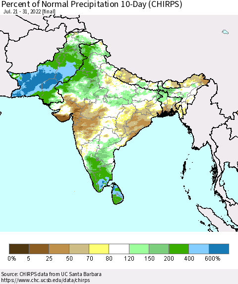 Southern Asia Percent of Normal Precipitation 10-Day (CHIRPS) Thematic Map For 7/21/2022 - 7/31/2022