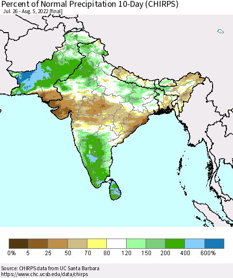 Southern Asia Percent of Normal Precipitation 10-Day (CHIRPS) Thematic Map For 7/26/2022 - 8/5/2022