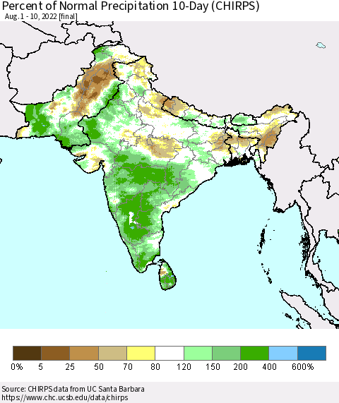 Southern Asia Percent of Normal Precipitation 10-Day (CHIRPS) Thematic Map For 8/1/2022 - 8/10/2022
