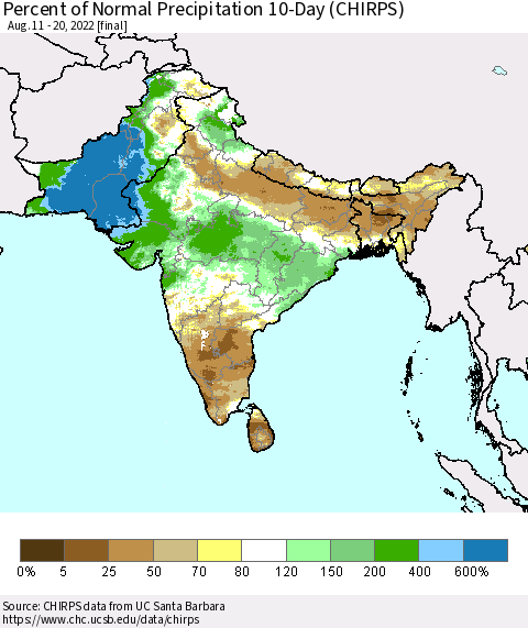 Southern Asia Percent of Normal Precipitation 10-Day (CHIRPS) Thematic Map For 8/11/2022 - 8/20/2022