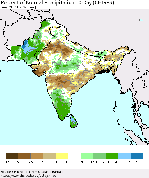 Southern Asia Percent of Normal Precipitation 10-Day (CHIRPS) Thematic Map For 8/21/2022 - 8/31/2022