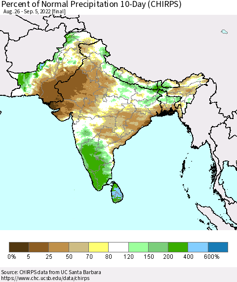 Southern Asia Percent of Normal Precipitation 10-Day (CHIRPS) Thematic Map For 8/26/2022 - 9/5/2022