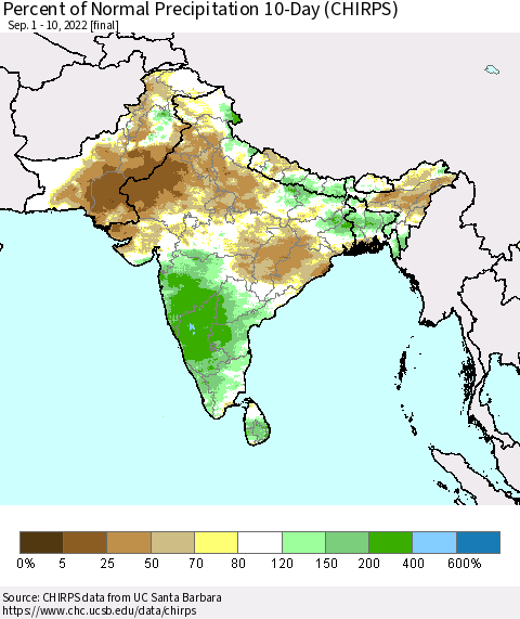 Southern Asia Percent of Normal Precipitation 10-Day (CHIRPS) Thematic Map For 9/1/2022 - 9/10/2022