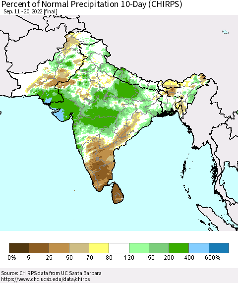 Southern Asia Percent of Normal Precipitation 10-Day (CHIRPS) Thematic Map For 9/11/2022 - 9/20/2022