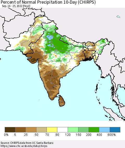 Southern Asia Percent of Normal Precipitation 10-Day (CHIRPS) Thematic Map For 9/16/2022 - 9/25/2022