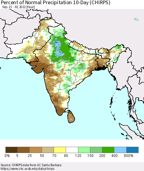 Southern Asia Percent of Normal Precipitation 10-Day (CHIRPS) Thematic Map For 9/21/2022 - 9/30/2022