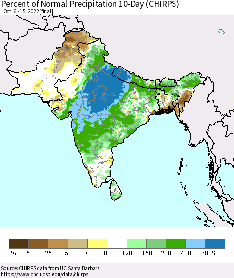 Southern Asia Percent of Normal Precipitation 10-Day (CHIRPS) Thematic Map For 10/6/2022 - 10/15/2022