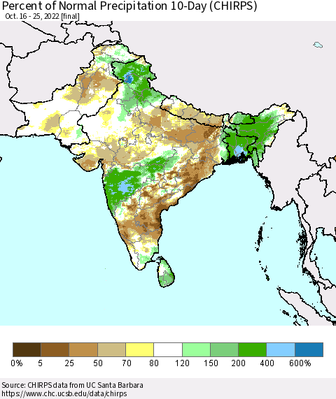Southern Asia Percent of Normal Precipitation 10-Day (CHIRPS) Thematic Map For 10/16/2022 - 10/25/2022