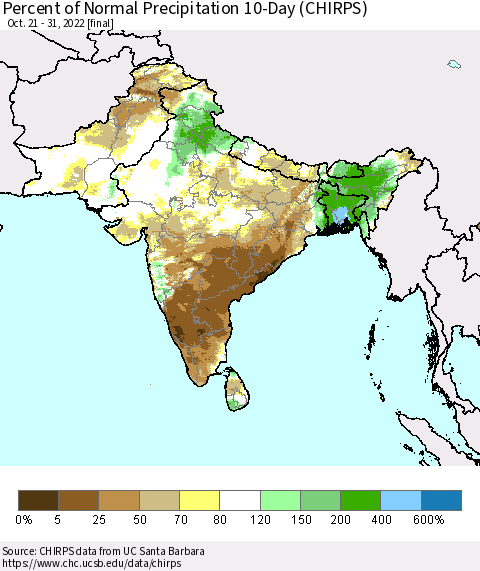 Southern Asia Percent of Normal Precipitation 10-Day (CHIRPS) Thematic Map For 10/21/2022 - 10/31/2022