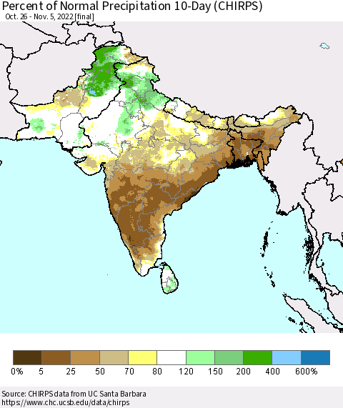 Southern Asia Percent of Normal Precipitation 10-Day (CHIRPS) Thematic Map For 10/26/2022 - 11/5/2022