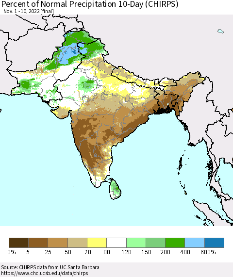 Southern Asia Percent of Normal Precipitation 10-Day (CHIRPS) Thematic Map For 11/1/2022 - 11/10/2022