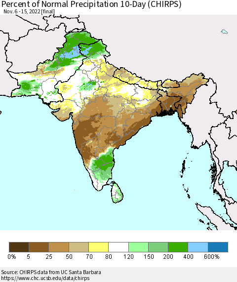 Southern Asia Percent of Normal Precipitation 10-Day (CHIRPS) Thematic Map For 11/6/2022 - 11/15/2022