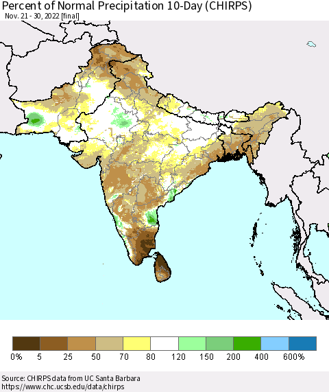 Southern Asia Percent of Normal Precipitation 10-Day (CHIRPS) Thematic Map For 11/21/2022 - 11/30/2022