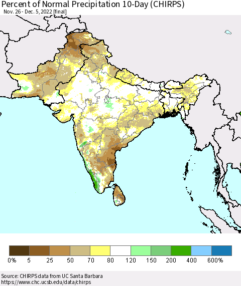 Southern Asia Percent of Normal Precipitation 10-Day (CHIRPS) Thematic Map For 11/26/2022 - 12/5/2022