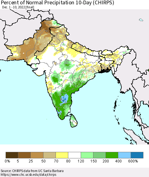 Southern Asia Percent of Normal Precipitation 10-Day (CHIRPS) Thematic Map For 12/1/2022 - 12/10/2022