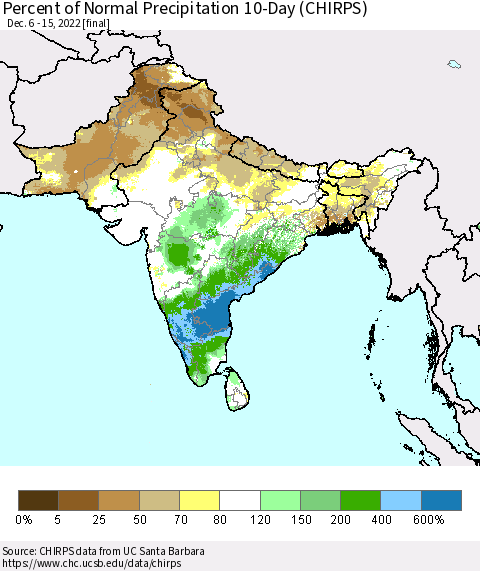 Southern Asia Percent of Normal Precipitation 10-Day (CHIRPS) Thematic Map For 12/6/2022 - 12/15/2022