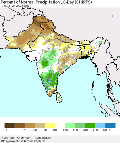 Southern Asia Percent of Normal Precipitation 10-Day (CHIRPS) Thematic Map For 12/11/2022 - 12/20/2022
