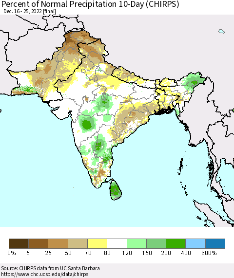 Southern Asia Percent of Normal Precipitation 10-Day (CHIRPS) Thematic Map For 12/16/2022 - 12/25/2022