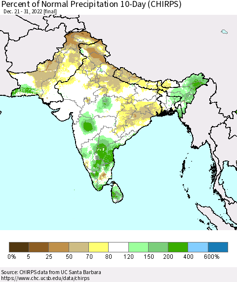 Southern Asia Percent of Normal Precipitation 10-Day (CHIRPS) Thematic Map For 12/21/2022 - 12/31/2022