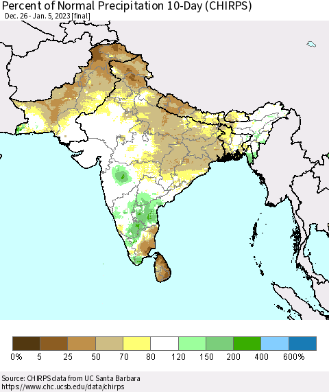 Southern Asia Percent of Normal Precipitation 10-Day (CHIRPS) Thematic Map For 12/26/2022 - 1/5/2023