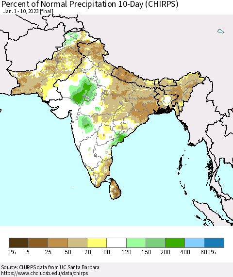 Southern Asia Percent of Normal Precipitation 10-Day (CHIRPS) Thematic Map For 1/1/2023 - 1/10/2023