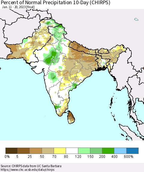 Southern Asia Percent of Normal Precipitation 10-Day (CHIRPS) Thematic Map For 1/11/2023 - 1/20/2023