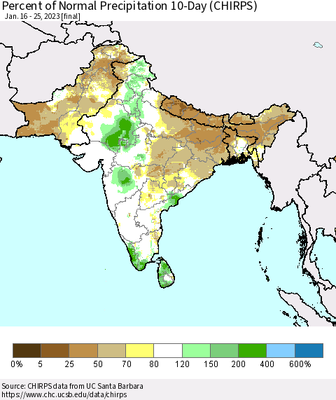 Southern Asia Percent of Normal Precipitation 10-Day (CHIRPS) Thematic Map For 1/16/2023 - 1/25/2023