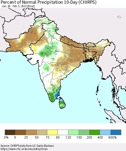 Southern Asia Percent of Normal Precipitation 10-Day (CHIRPS) Thematic Map For 1/26/2023 - 2/5/2023