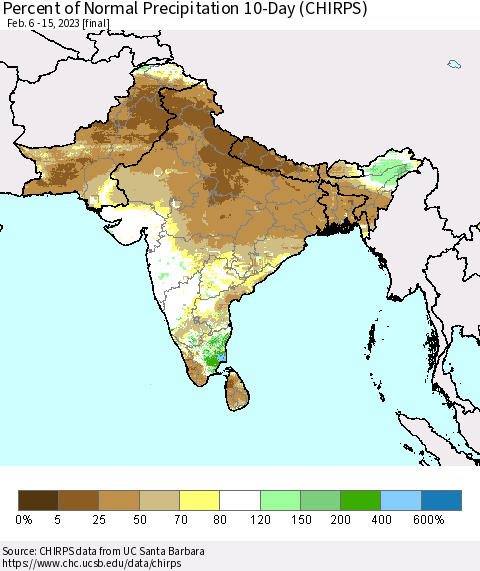 Southern Asia Percent of Normal Precipitation 10-Day (CHIRPS) Thematic Map For 2/6/2023 - 2/15/2023