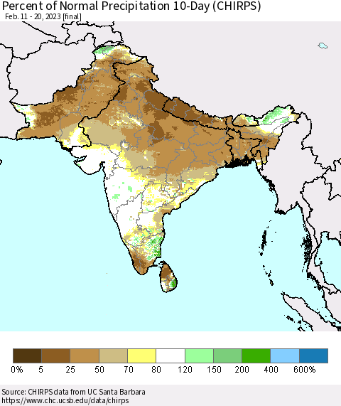 Southern Asia Percent of Normal Precipitation 10-Day (CHIRPS) Thematic Map For 2/11/2023 - 2/20/2023