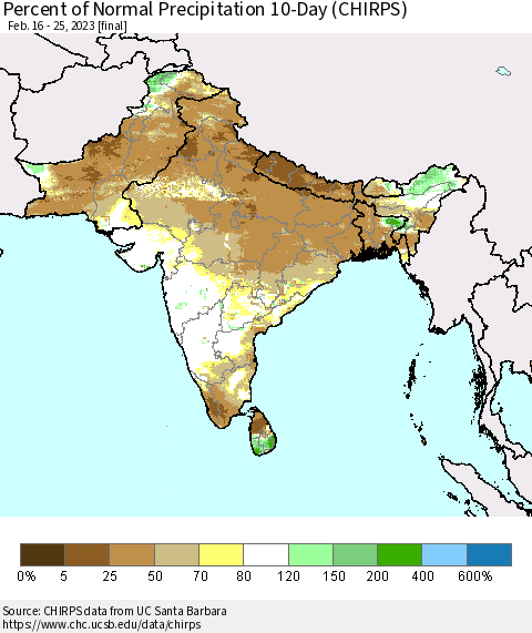Southern Asia Percent of Normal Precipitation 10-Day (CHIRPS) Thematic Map For 2/16/2023 - 2/25/2023