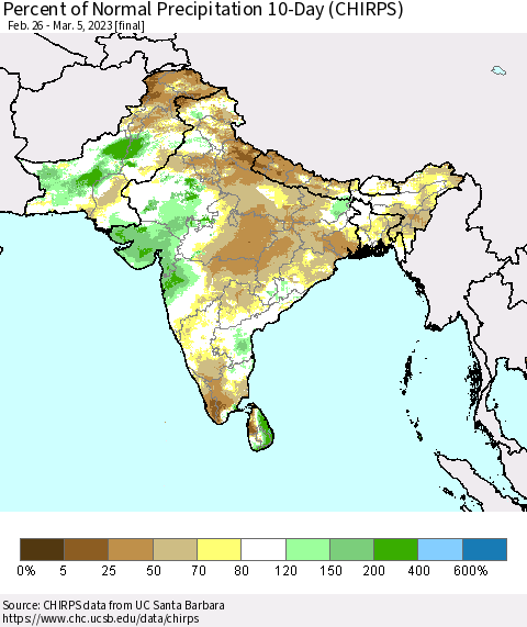 Southern Asia Percent of Normal Precipitation 10-Day (CHIRPS) Thematic Map For 2/26/2023 - 3/5/2023