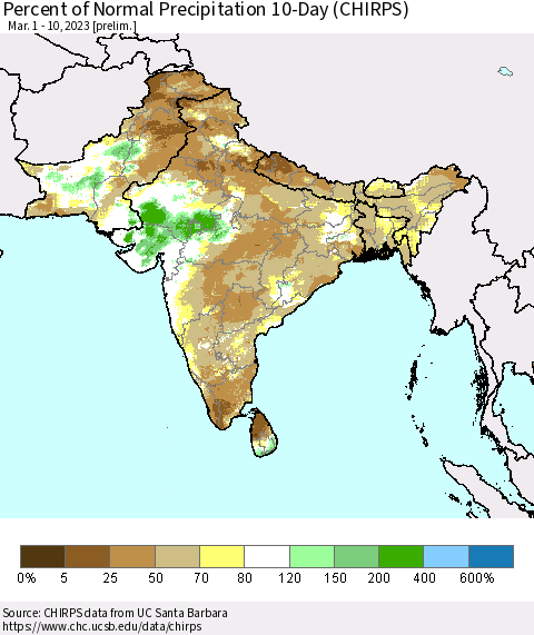 Southern Asia Percent of Normal Precipitation 10-Day (CHIRPS) Thematic Map For 3/1/2023 - 3/10/2023