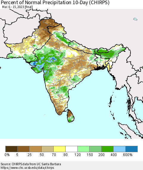 Southern Asia Percent of Normal Precipitation 10-Day (CHIRPS) Thematic Map For 3/6/2023 - 3/15/2023