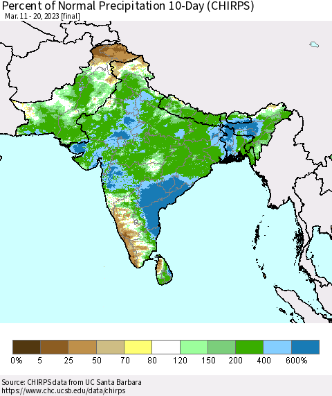 Southern Asia Percent of Normal Precipitation 10-Day (CHIRPS) Thematic Map For 3/11/2023 - 3/20/2023