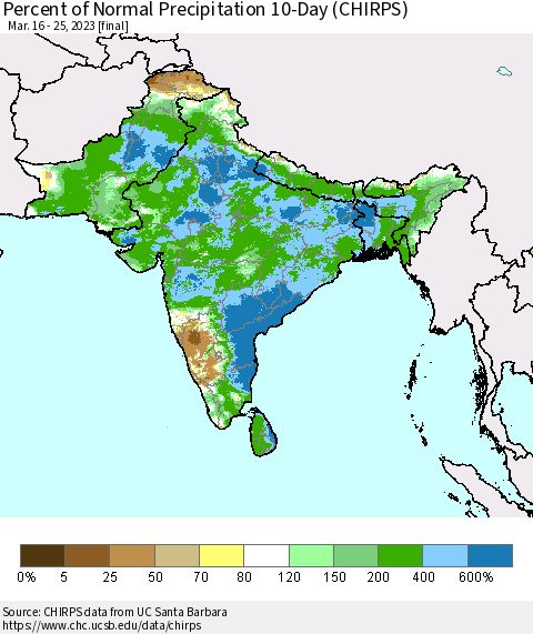 Southern Asia Percent of Normal Precipitation 10-Day (CHIRPS) Thematic Map For 3/16/2023 - 3/25/2023