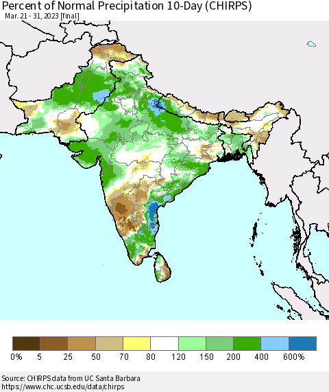 Southern Asia Percent of Normal Precipitation 10-Day (CHIRPS) Thematic Map For 3/21/2023 - 3/31/2023