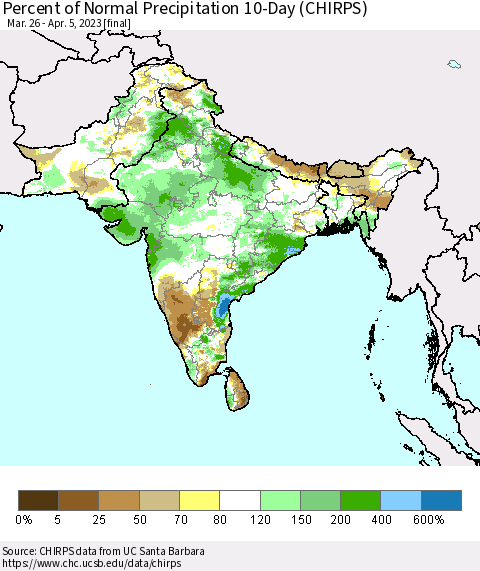 Southern Asia Percent of Normal Precipitation 10-Day (CHIRPS) Thematic Map For 3/26/2023 - 4/5/2023