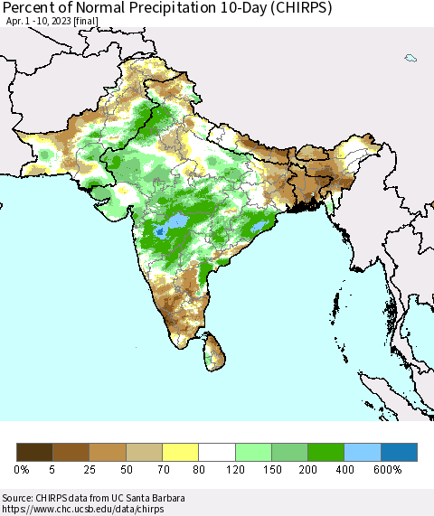 Southern Asia Percent of Normal Precipitation 10-Day (CHIRPS) Thematic Map For 4/1/2023 - 4/10/2023