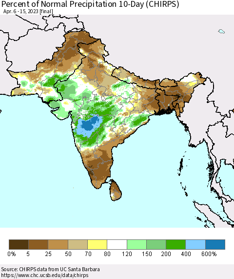 Southern Asia Percent of Normal Precipitation 10-Day (CHIRPS) Thematic Map For 4/6/2023 - 4/15/2023